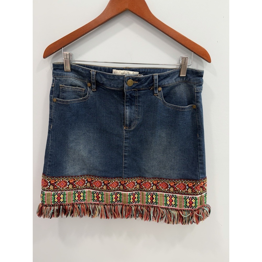 EST 1946 Denim Mini Skirt Size 10 Embroidered Fringe Hem Boho Festival Western